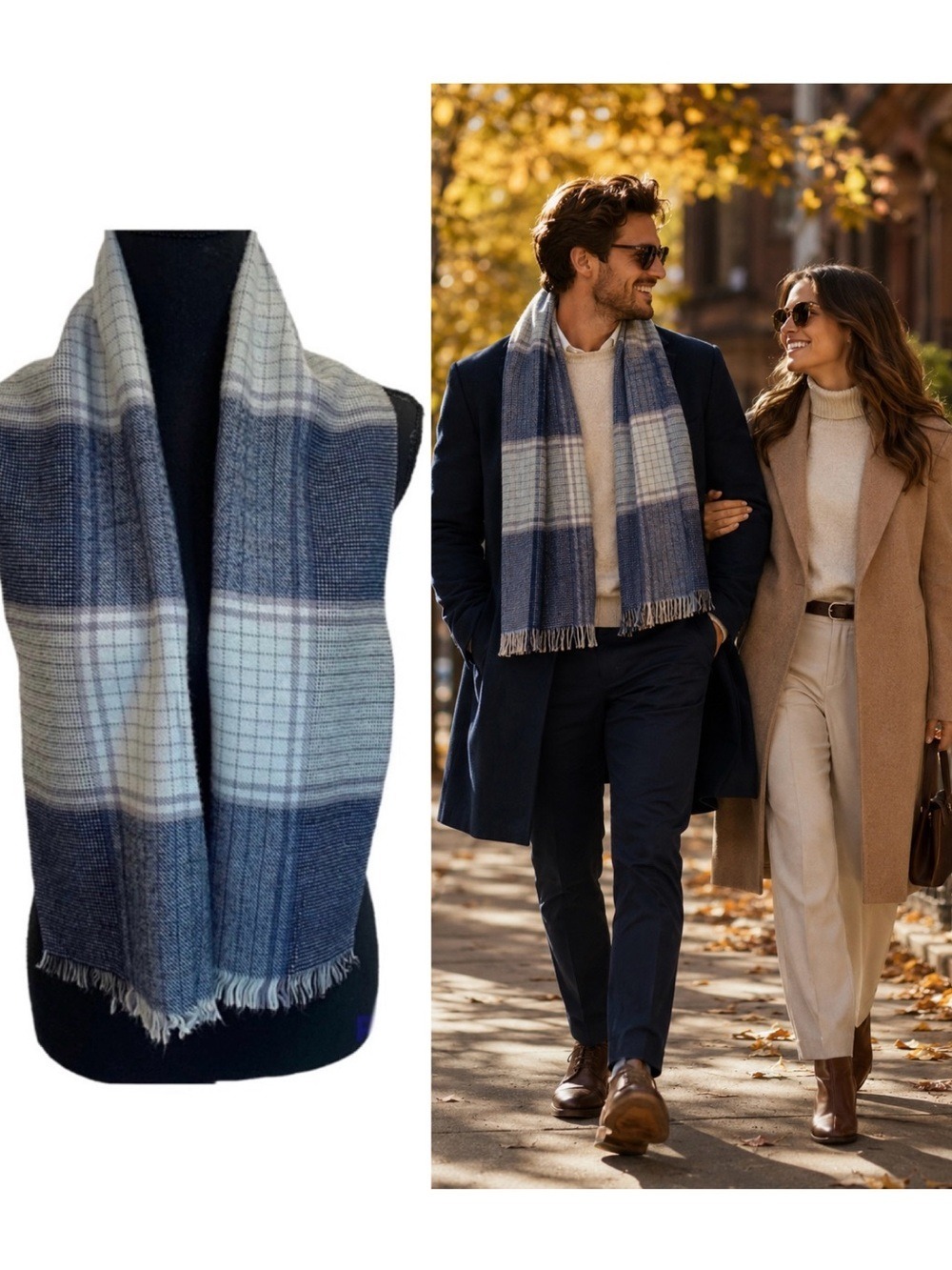 BLUE plaid check warm fall winter scarf unisex